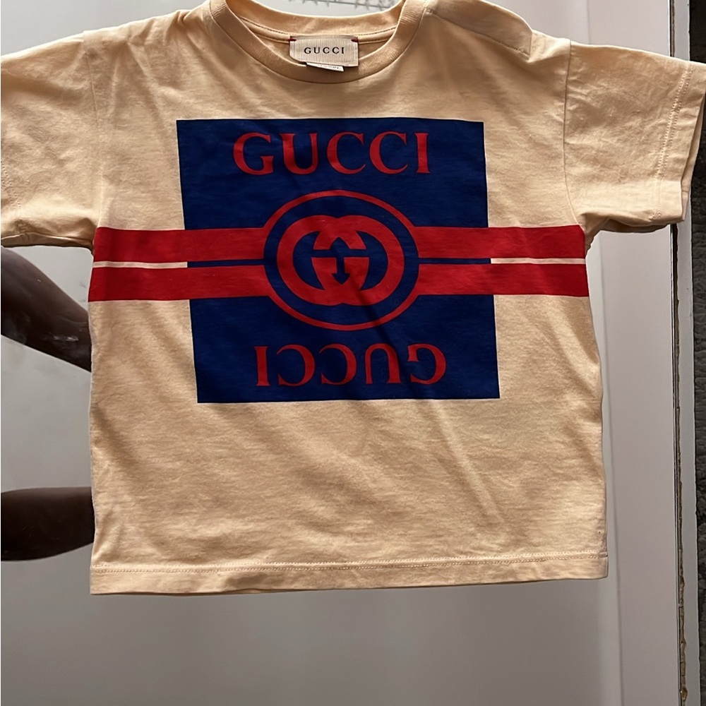 Gucci Kids Tan Tee with Red and Blue Logo